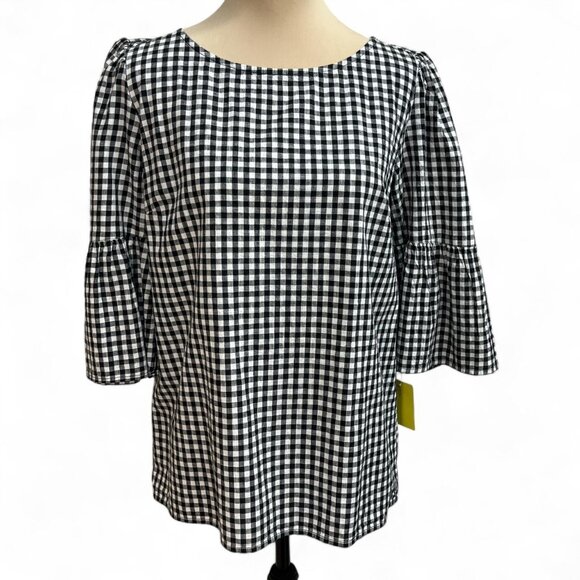 Time and Tru Tops - Time & Tru Women’s Black White Gingham Bell Sleeve Cotton Blouse Size Small